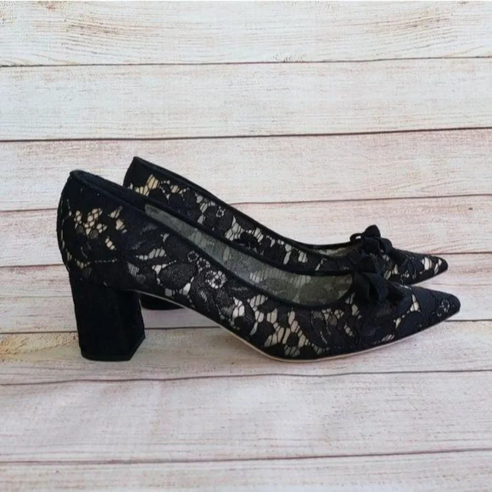 Kate Spade Lace Leather & Suede Pointy Toe Block Heel Shoes Black Size 8